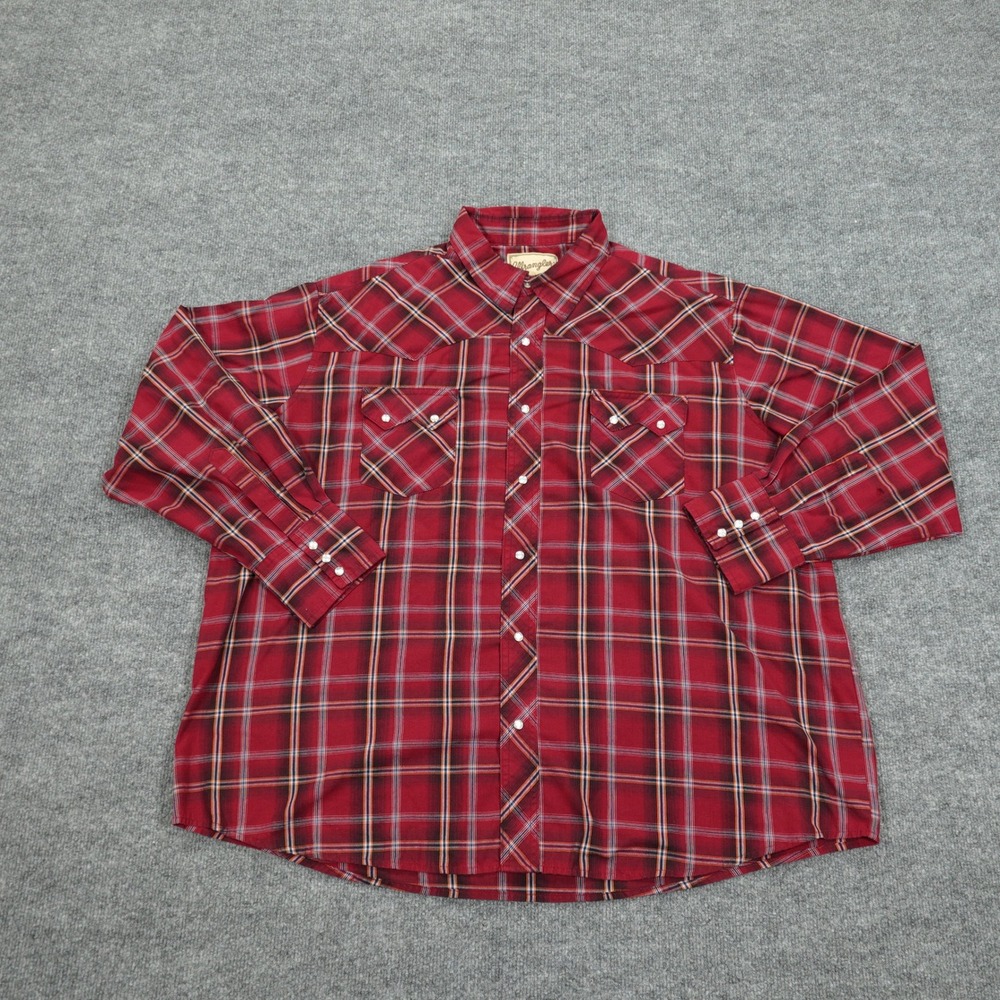 Wrangler‎ Shirt Mens 2XL Red Plaid Long Sleeve Pearl Snap Western Fashion Cowboy
